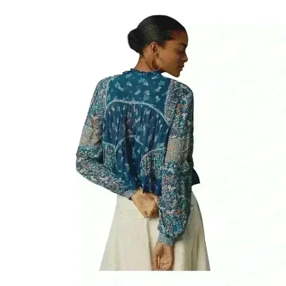 Anthropologie NWT Boho Blue Floral Sheer Babydoll Cropped Oversized Blouse XS - Picture 2 of 10